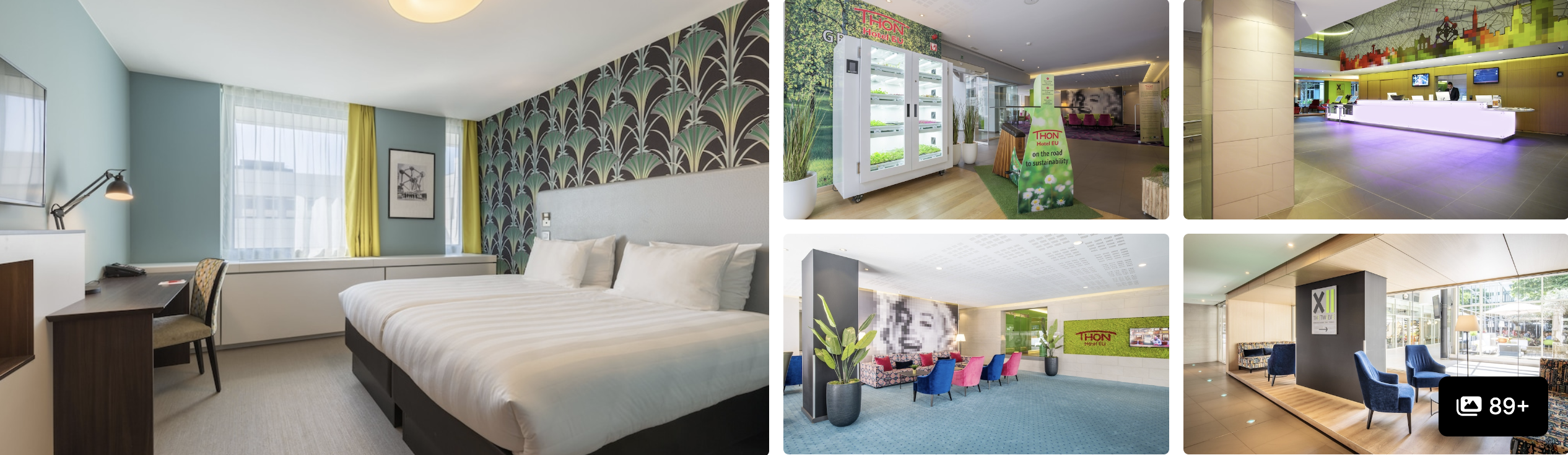 Photos of Thon Hotel EU, Brussels: bright guest room with botanical wallpaper, colourful lobby and modern reception desk