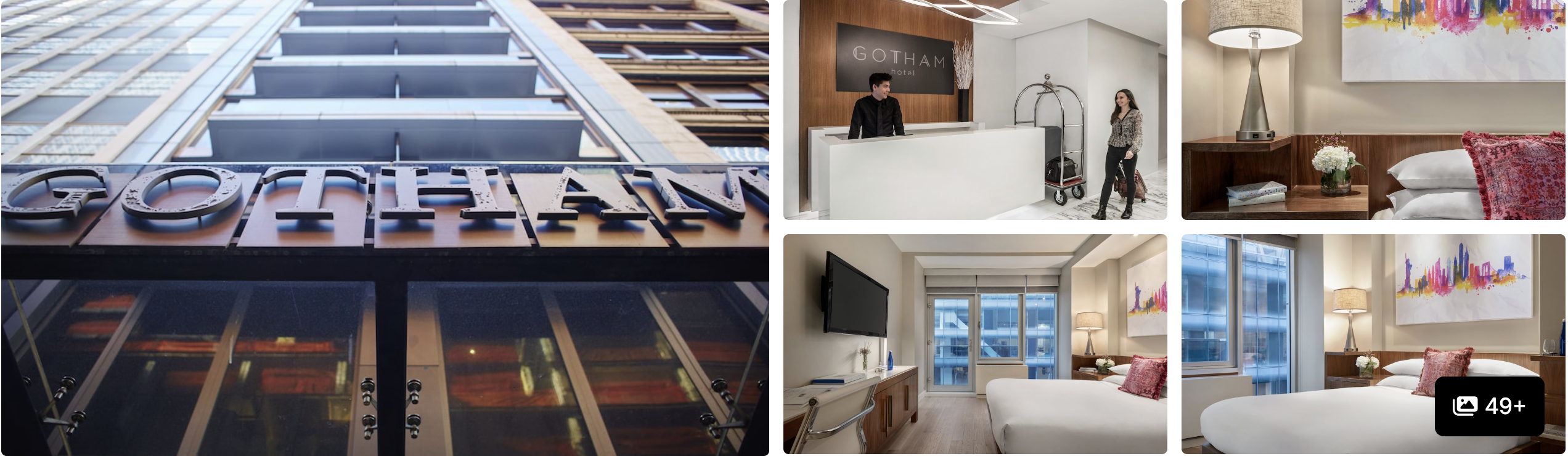 Photos of The Gotham Hotel, Midtown: upward facade with metal lettering, modern reception and guest rooms with skyline art
