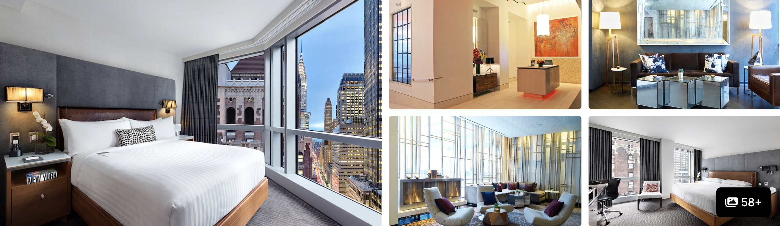 Photos of Hotel 48LEX New York: guest room with floor-to-ceiling city views, suite living area and workspace