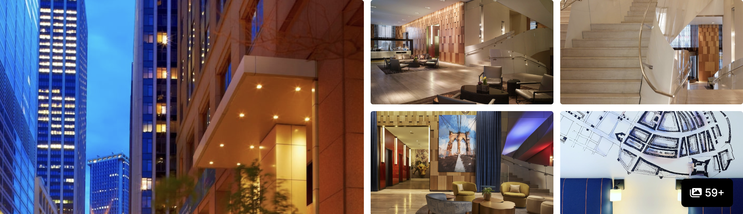 Photos of Hyatt Centric Wall Street New York: glowing high-rise at dusk, warm lobby lounges and mural-decorated bar