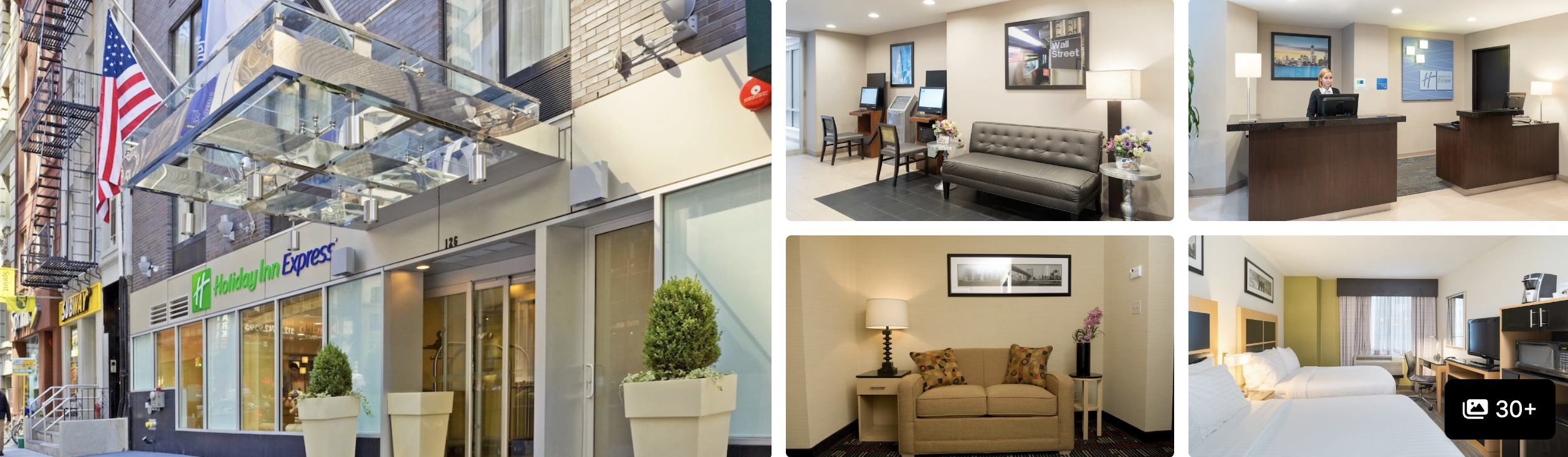 Photos of Holiday Inn Express New York City Wall Street: glass canopy entrance, business lounge, sofa and guest bedroom