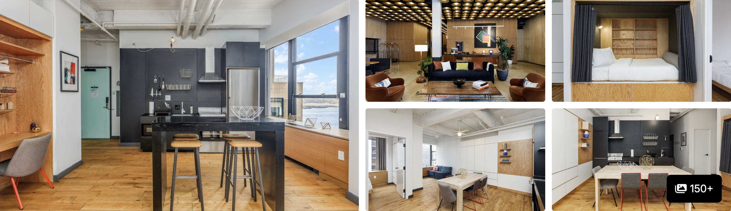 Photos of Placemakr Wall Street, NYC: modern kitchen with bar stools, loft living areas and dining space