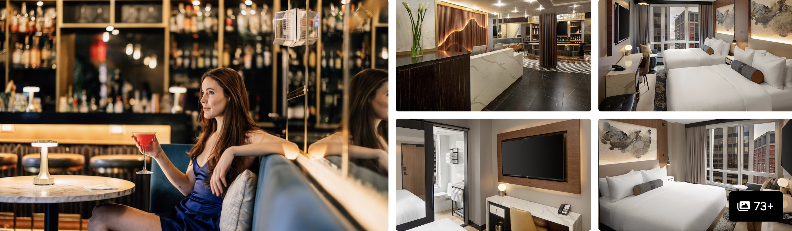 Photos of Hotel Indigo NYC Downtown Wall Street: woman with coffee at the bar, lobby, guest desk and bedroom