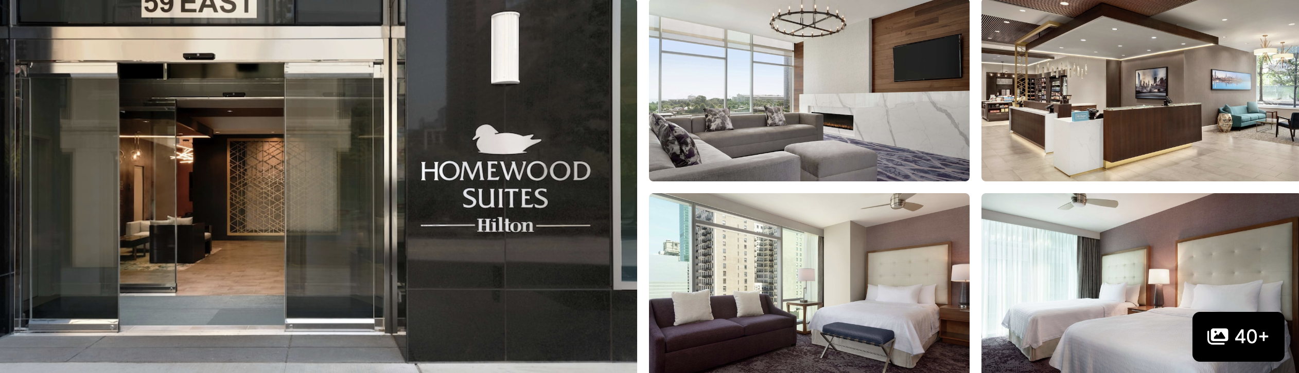 Photos of Homewood Suites Chicago Downtown South Loop: glass entrance, suite living room with fireplace and bedrooms