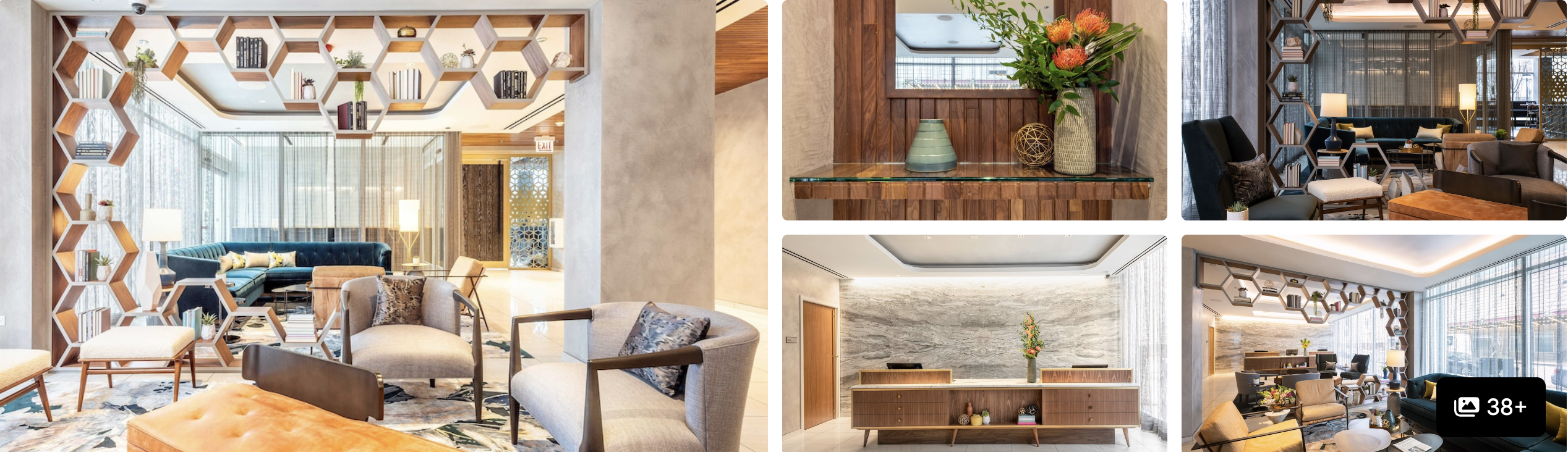 Photos of Le Meridien Essex Chicago: lounge with patterned screens, lobby seating and lobby bar areas