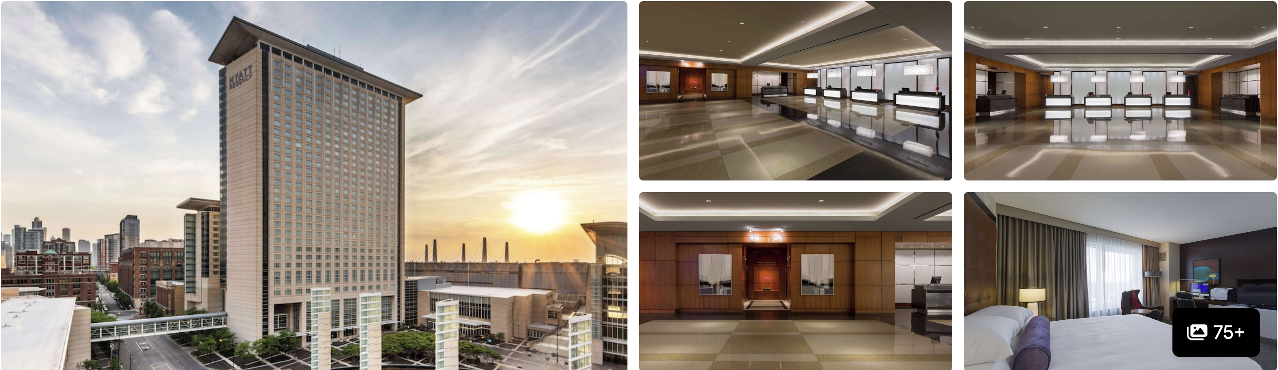 Photos of Hyatt Regency McCormick Place, Chicago: high-rise exterior at sunset, lobby reception and a guest room