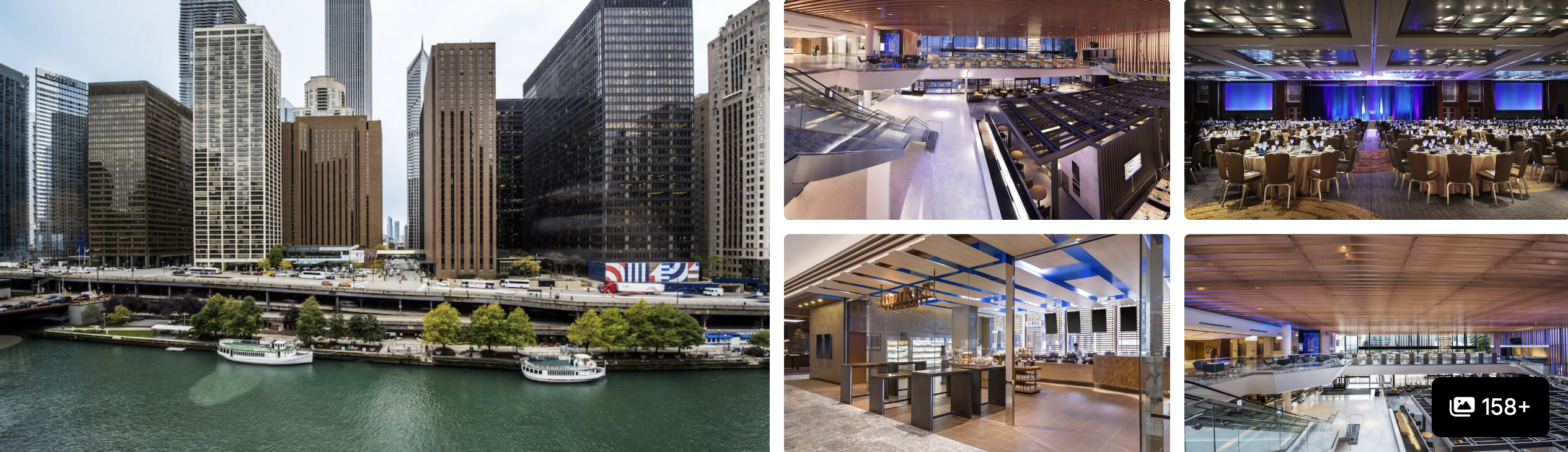 Photos of Hyatt Regency Chicago: riverfront skyline view, conference ballroom set for events and meeting spaces