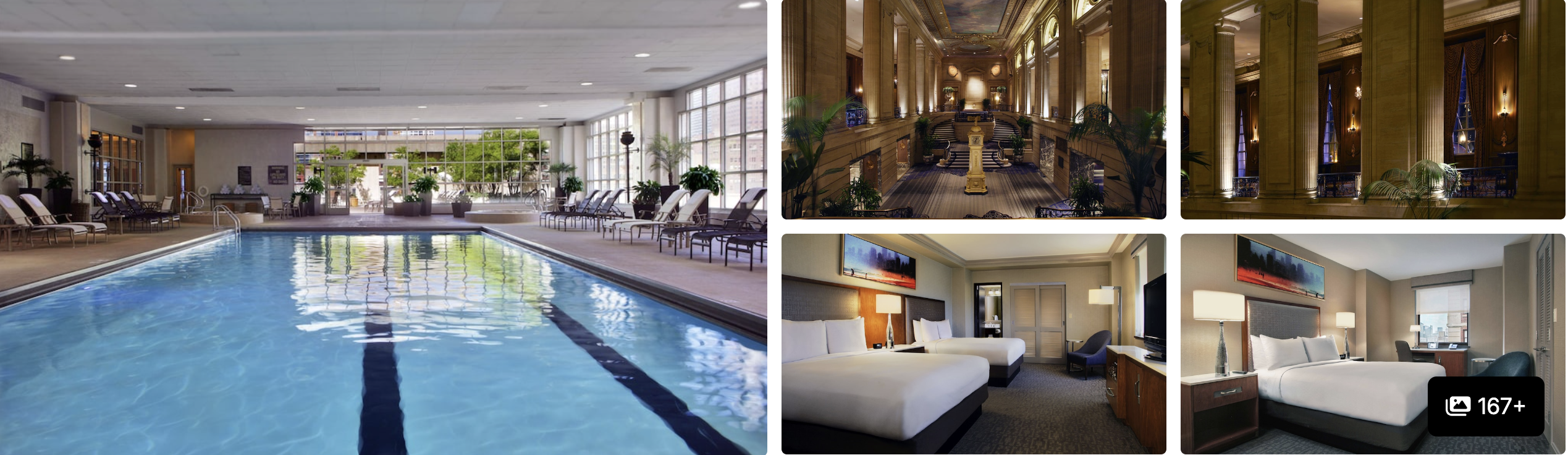 Photos of Hilton Chicago: indoor swimming pool, grand columned lobby and twin-bed guest rooms