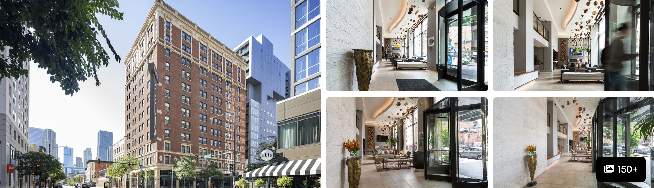 Photos of Hotel Felix in River North, Chicago: brick facade on a tree-lined street, lobby entrance and corridor