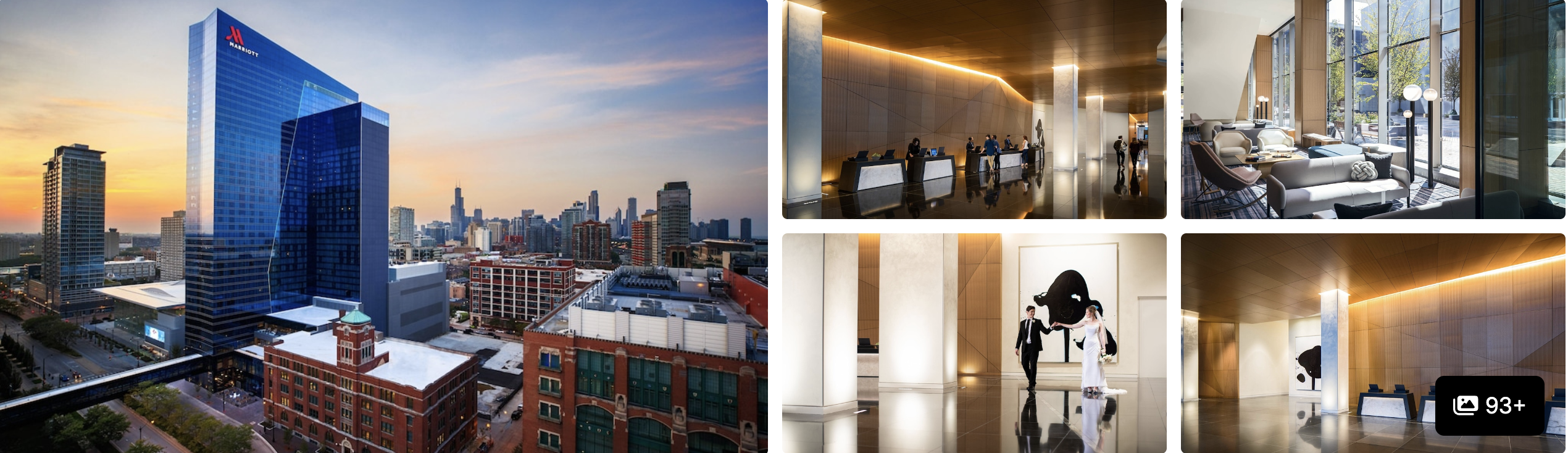 Photos of Marriott Marquis Chicago: glass tower against the skyline at dusk, reception desk and polished marble lobby