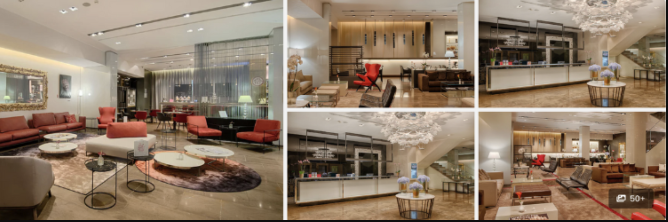 Photos of NH Collection Milano President: warm-toned lobby lounges with patterned seating and chandelier-lit bar