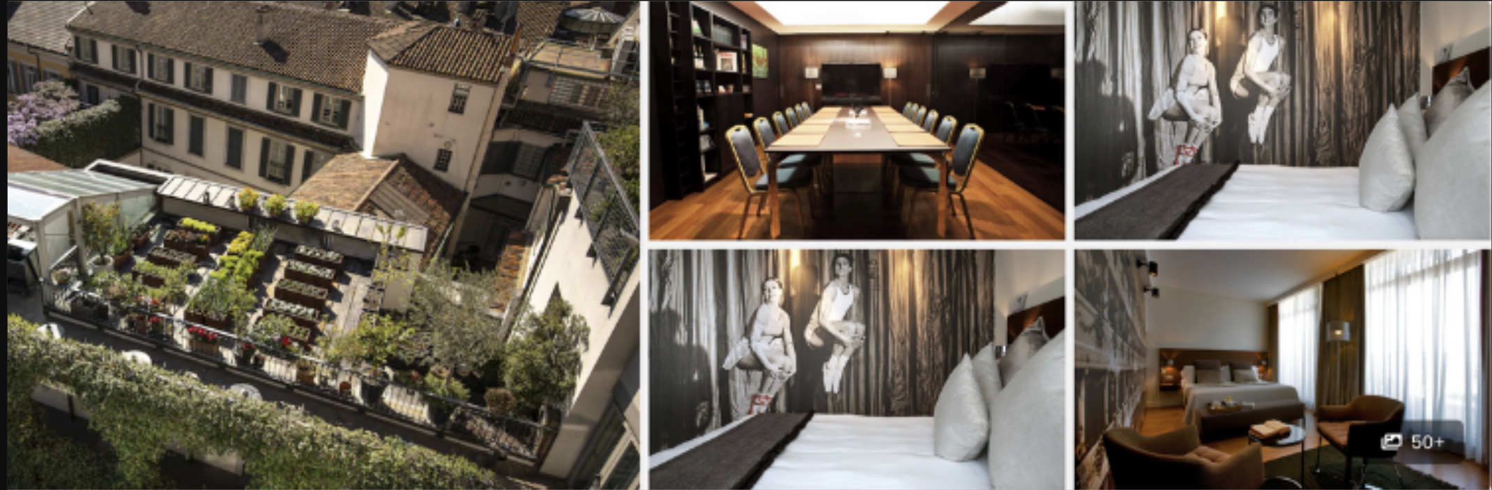 Photos of Hotel Milano Scala, Milan: rooftop garden terrace over the old town, dark dining room and guest bedrooms