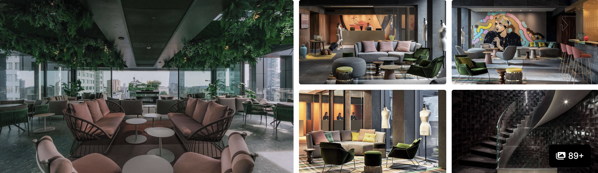 Photos of Hyatt Centric Milan Centrale: plant-canopy lounge with pink seating, mural bar and spiral staircase