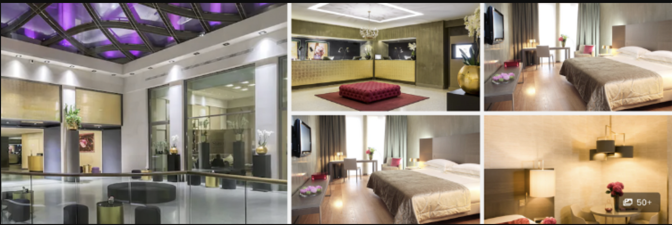 Photos of Rosa Grand Milano, Starhotels Collezione: purple-lit glass lobby, modern guest bedrooms and lounge