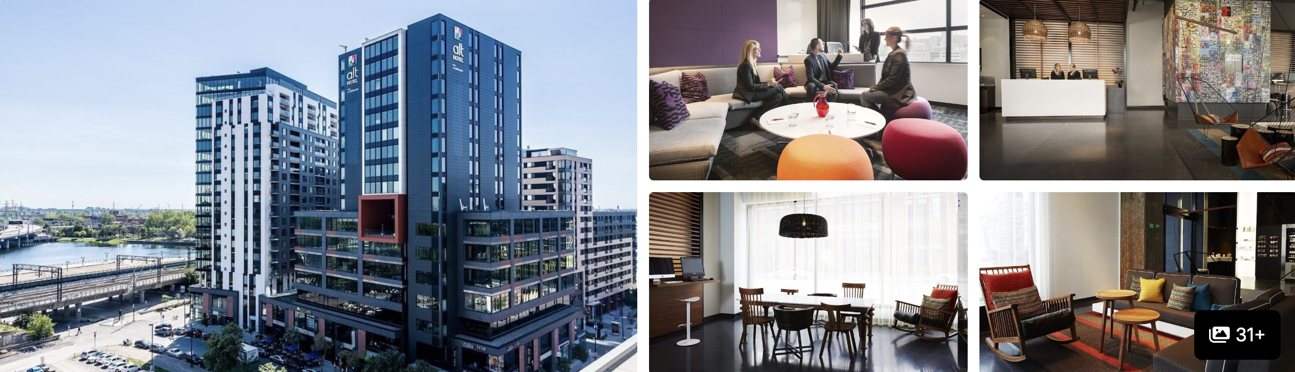 Photos of a Montreal hotel: high-rise riverside exterior, lobby lounge with orange seating and a wood-floored dining and lounge area