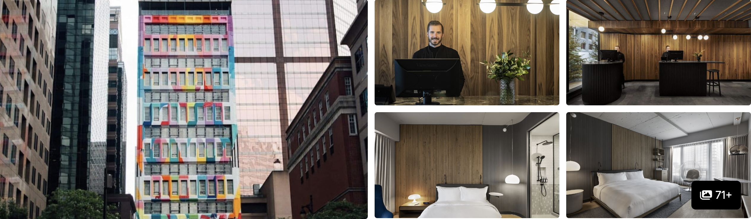 Photos of a Montreal hotel: colorful patterned tower facade, reception desk and modern guest rooms with wood accents
