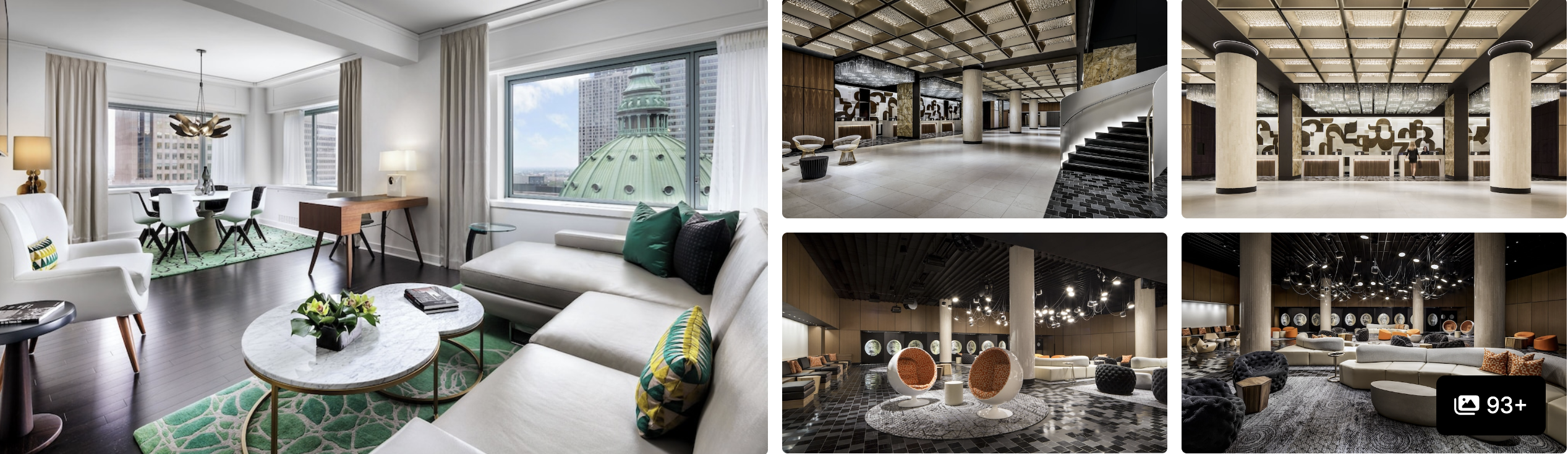 Photos of a Montreal hotel suite and lobby: living room with city view, grand staircase and spacious lounge seating areas