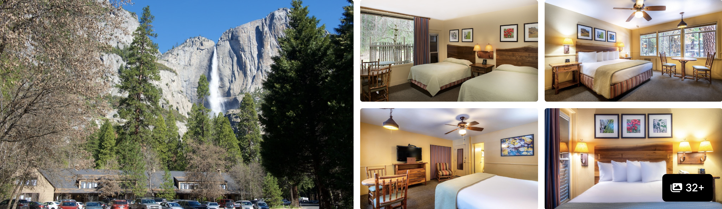 Yosemite Falls and a lodge near Yosemite National Park, with photos of guest rooms, suite and parking lot