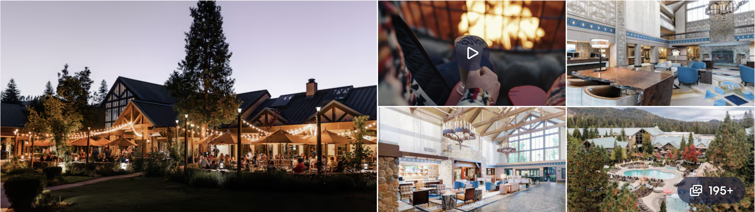 Photos of an eco-friendly lodge near Yosemite: timber-framed grounds lit at dusk, lobby, pool and great hall