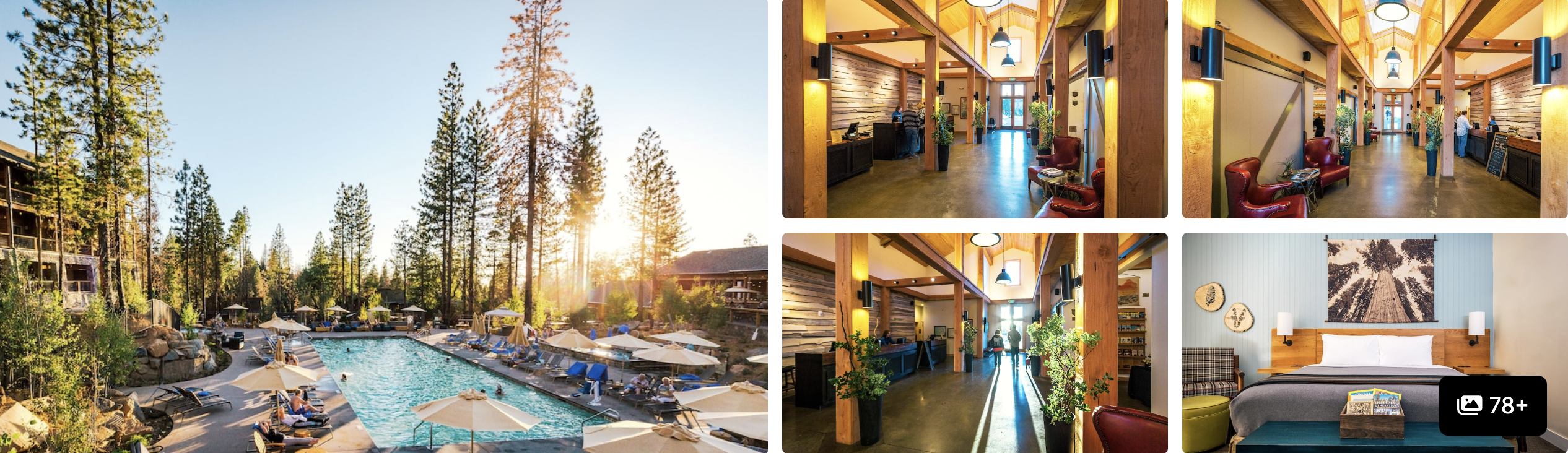 Photos of Evergreen Lodge at Yosemite, Groveland: pool and bar deck at sunset, timber lobby, corridor and guest room