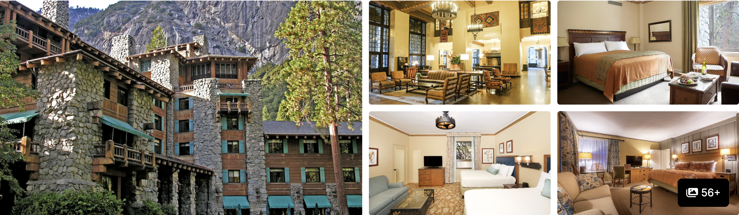 Photos of Yosemite Valley Lodge: stone lodge exterior, lobby lounge and guest rooms beside Yosemite cliffs