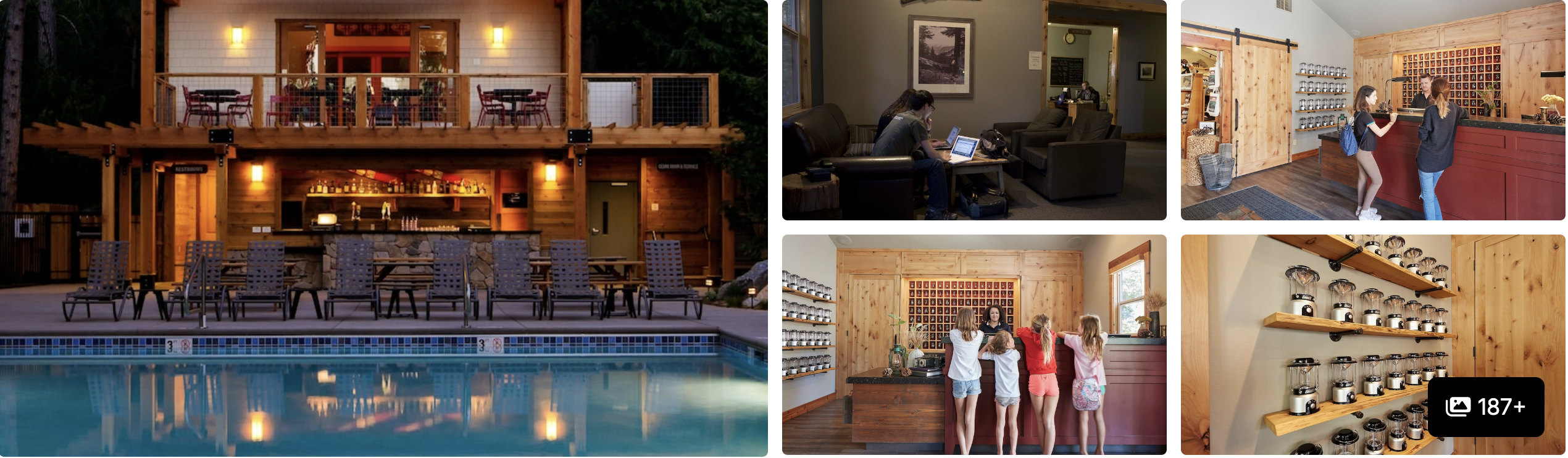 Photos of an eco-friendly lodge near Yosemite: lit poolside bar deck at dusk, lounge, store and family cabin interiors
