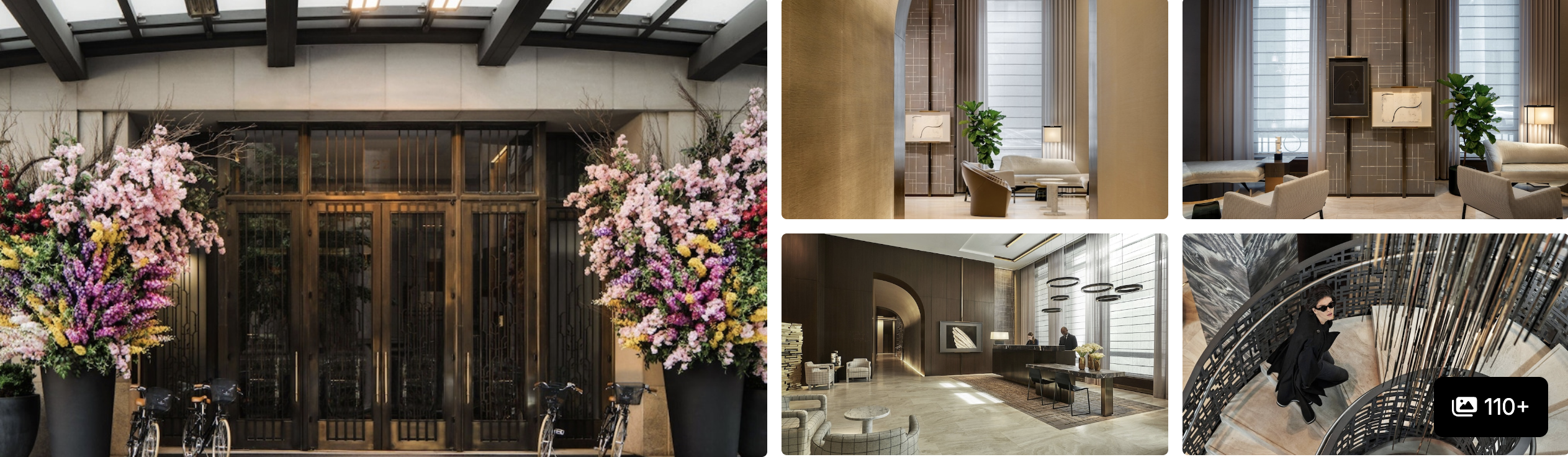 Photos of Four Seasons Downtown New York: floral-flanked entrance doors, serene wood-toned lounges and a spa relaxation area