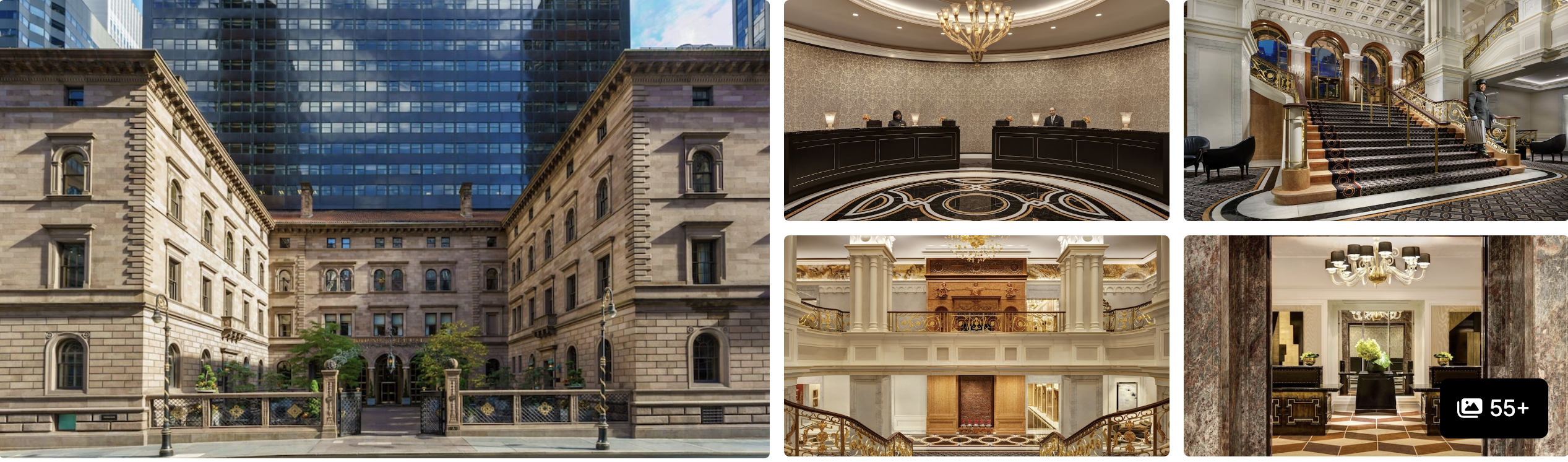Photos of Lotte New York Palace: historic courtyard facade, domed rotunda, grand marble staircase and chandelier-lit lobby