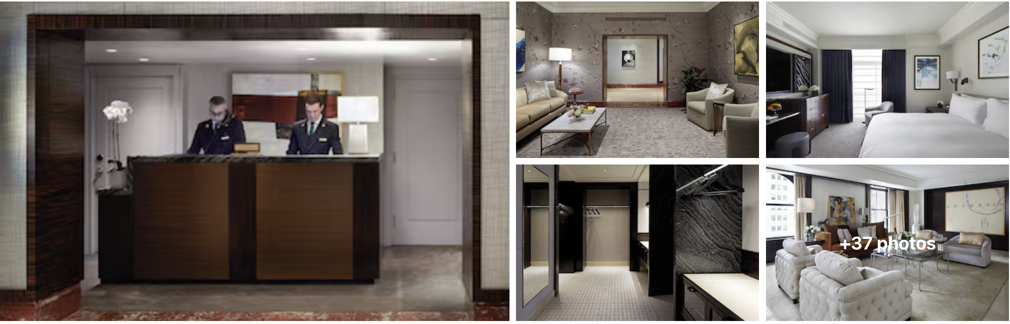 Photos of The Peninsula New York: front desk with staff, elegant suite living room, guest bedroom and city-view lounge