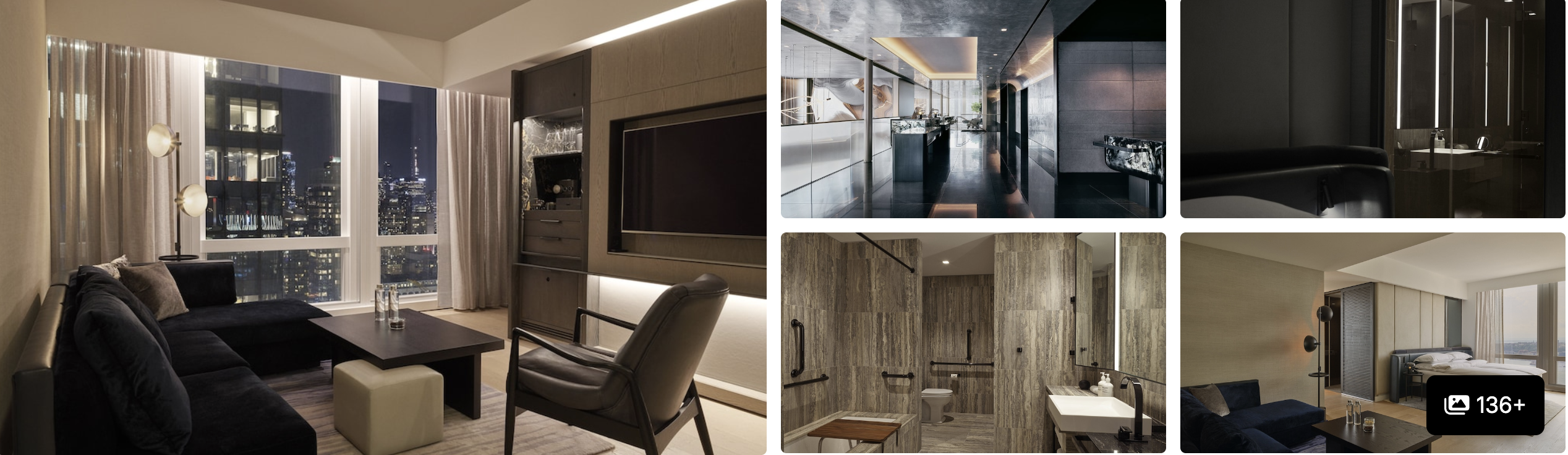 Photos of Equinox Hotel Hudson Yards, NYC: skyline-view guest suite, dark modern spa corridor, walk-in shower and bedroom