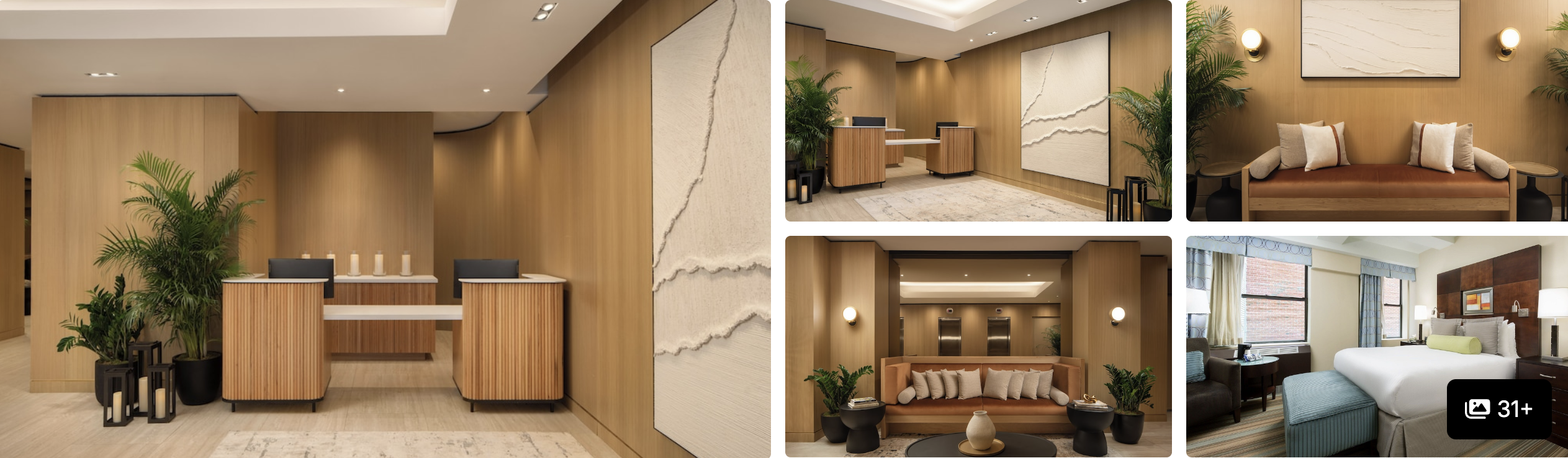 Photos of Aura Hotel Times Square, NYC: warm wood-toned reception, lounge seating, sofa and guest bedroom