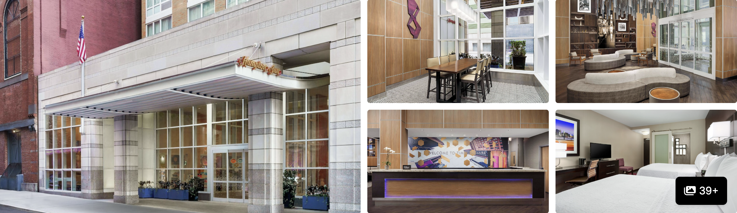 Photos of Hampton Inn Manhattan Times Square Central: glass entrance with flags, dining nook, lobby and guest bedroom