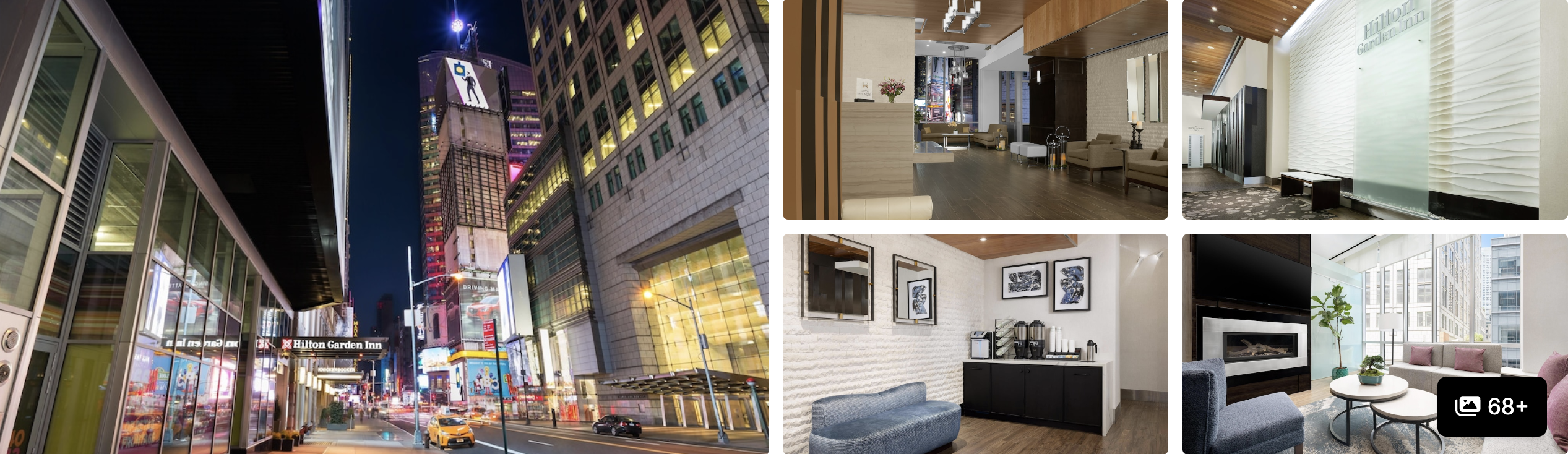 Photos of Hilton Garden Inn New York Times Square Central: illuminated Times Square street, modern lobby, lounge and rooms