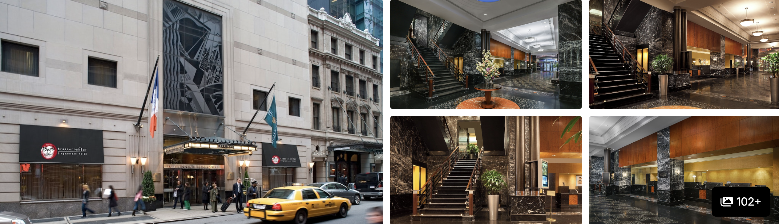 Photos of Millennium Hotel Broadway Times Square, NYC: art-deco facade with taxis, marble lobby staircases and lounges