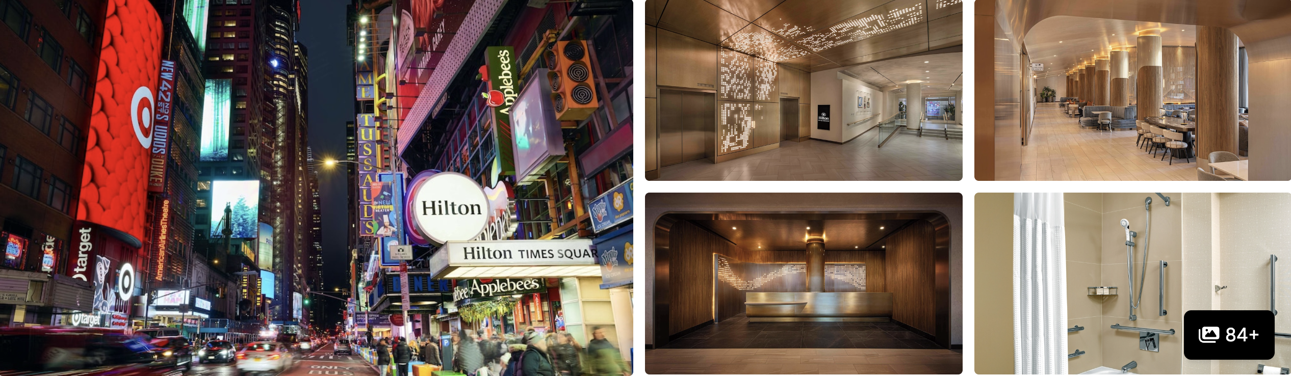 Photos of Hilton New York Times Square: neon-lit Times Square at night, gallery corridor, meeting space and bathroom