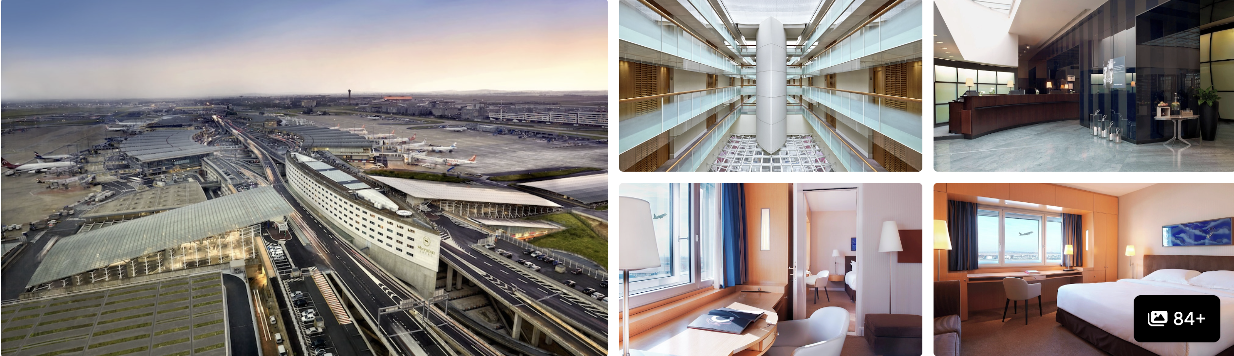 Photos of Sheraton Paris Charles de Gaulle Airport Hotel: aerial view over runways, atrium corridor, reception and guest rooms