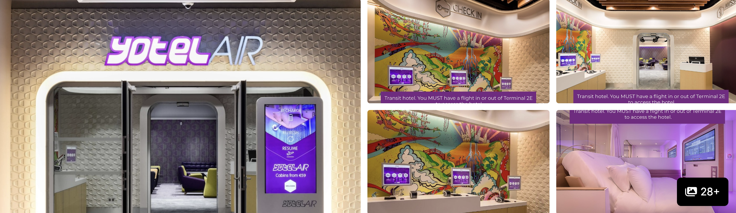 Photos of YOTELAIR Paris Charles de Gaulle: purple-lit cabin entrance, mural-walled reception and compact sleep pods