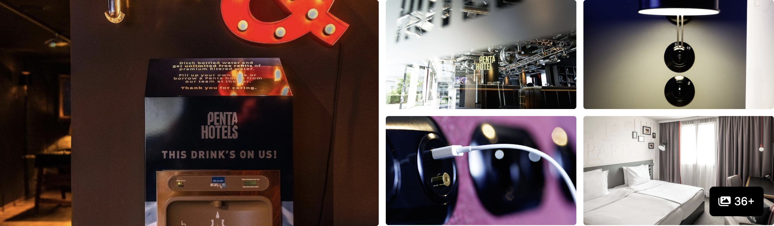 Photos of Pentahotel Paris CDG Airport: red Q signage and complimentary drink station, industrial bar and guest room