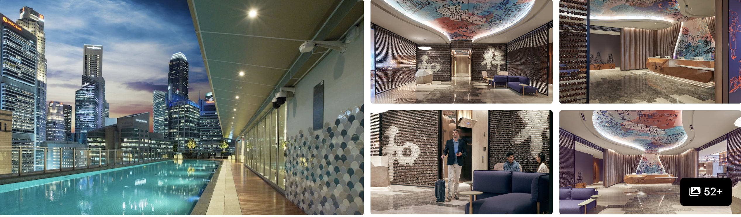 Photos of Capri by Fraser, Singapore: rooftop pool overlooking the night skyline, colorful lounge spaces and lobby