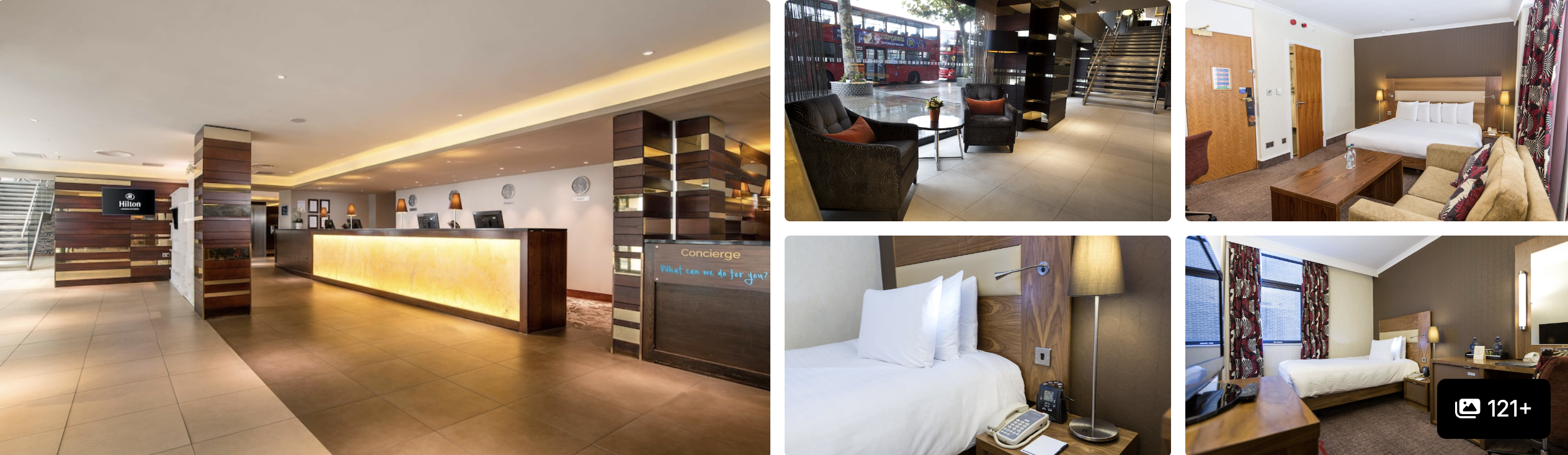 Photos of Hilton London Olympia: illuminated lobby reception, library lounge and warm-toned guest rooms