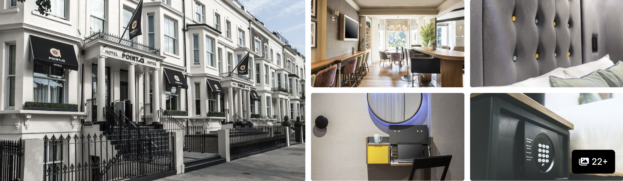 Photos of Point A Kensington Olympia, London: white terraced hotel exterior, dining area, guest room and in-room safe