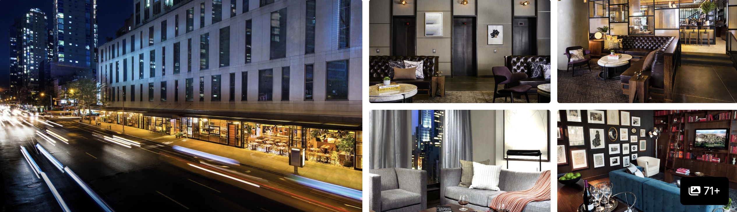 Photos of Kimpton Hotel Eventi, New York: illuminated street exterior at night, dark moody lounges and living room