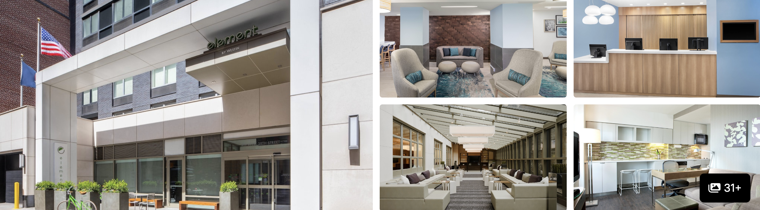 Photos of Element New York Times Square West: glass entrance exterior, lobby seating and bright communal lounge