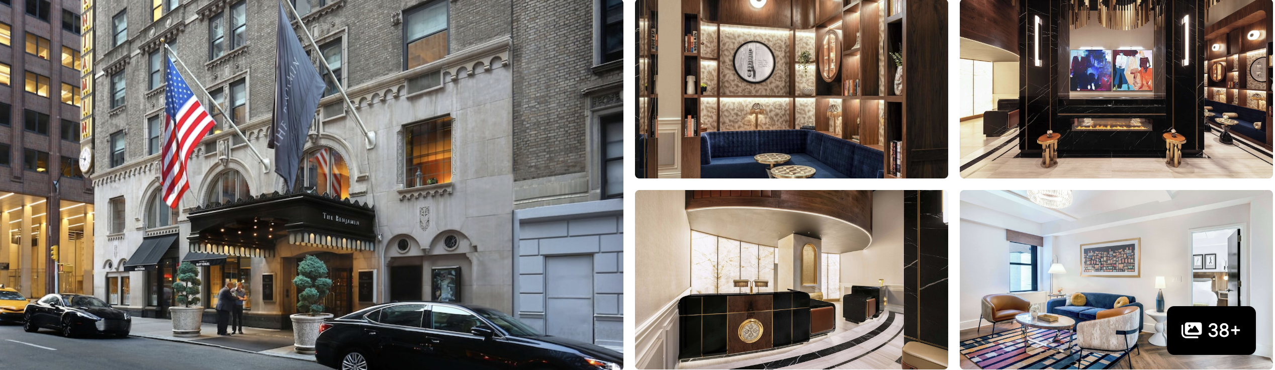 Photos of The Benjamin hotel, New York: ornate canopied entrance, clubby lounge seating and marble lobby