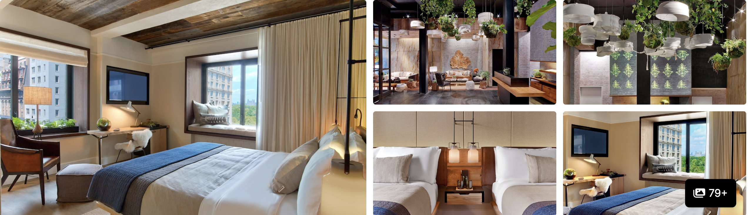 Photos of 1 Hotel Central Park: wood-beamed guest room, plant-draped lobby and warm-toned bedrooms