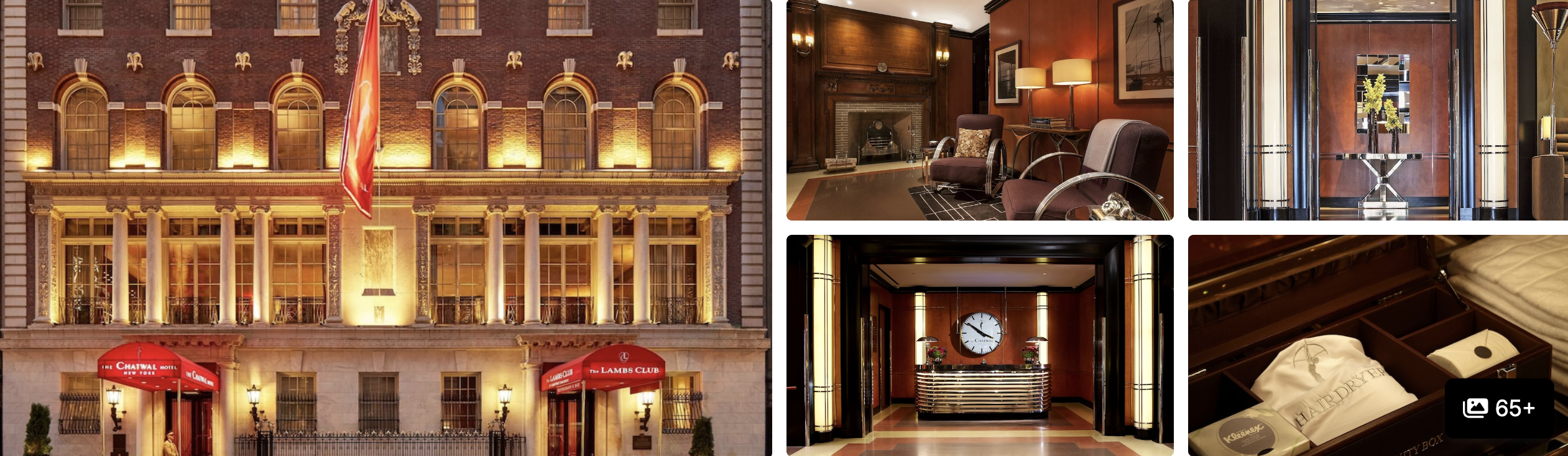 Photos of The Chatwal New York: illuminated landmark facade, wood-panelled library lounge, clock-feature lobby and suite