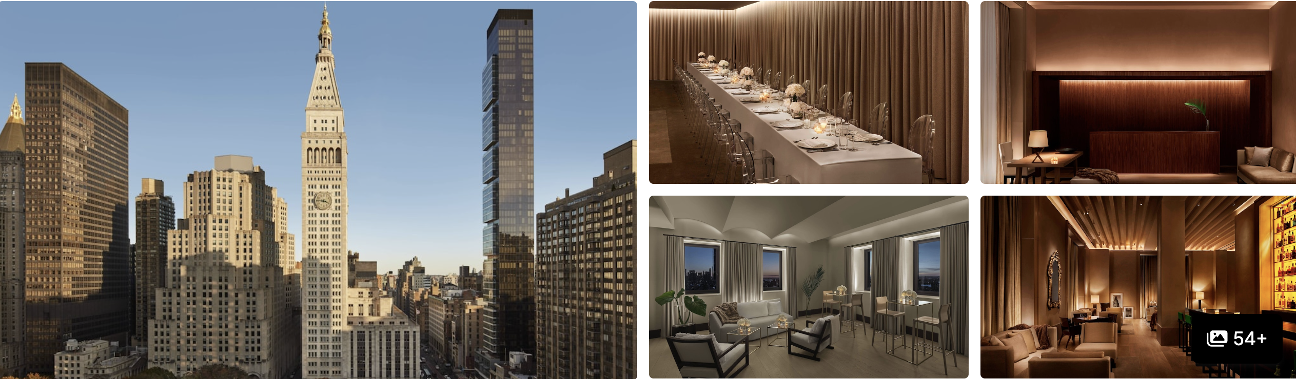 Photos of The New York EDITION: Madison Square skyline view, private dining room, lounge and dimly lit bar