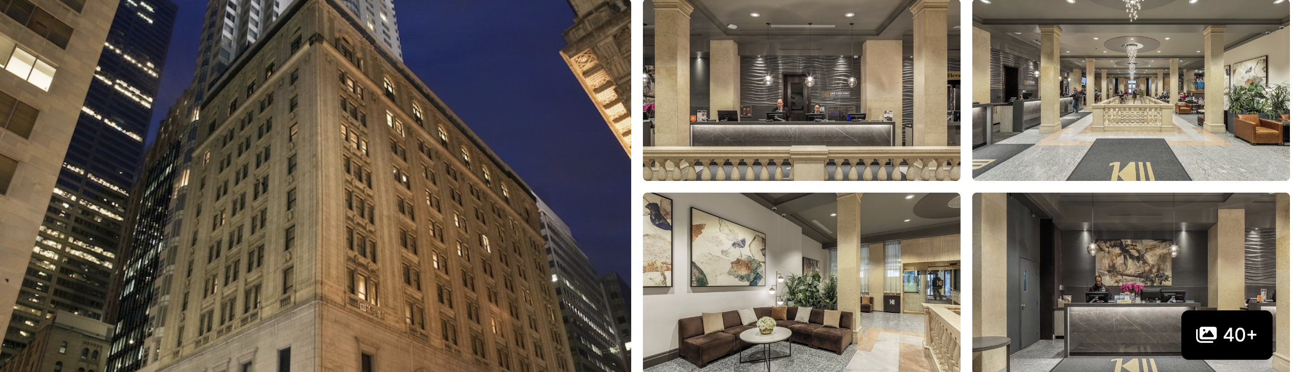 Photos of One King West Hotel and Residence, Toronto: historic stone tower at night, grand lobby and lounge interiors