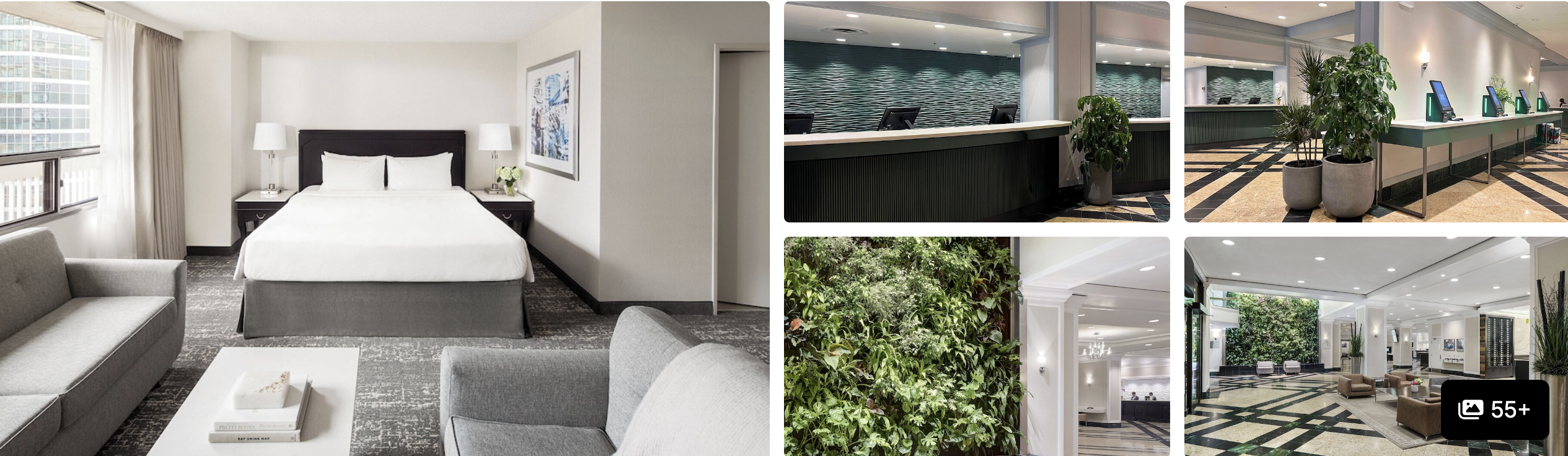 Photos of Hotel X Toronto: bright guest room with sofa, reception desk and green-walled lobby seating areas
