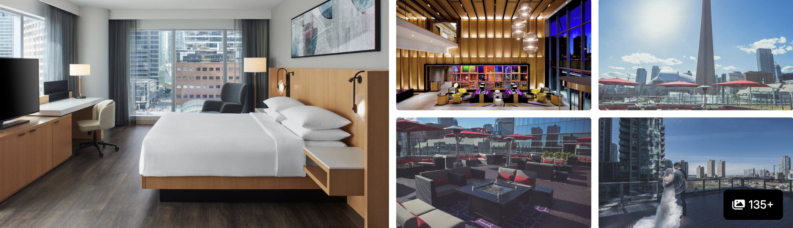 Photos of Delta Hotels Toronto: modern guest room with city view, colorful lobby and rooftop terrace overlooking the CN Tower